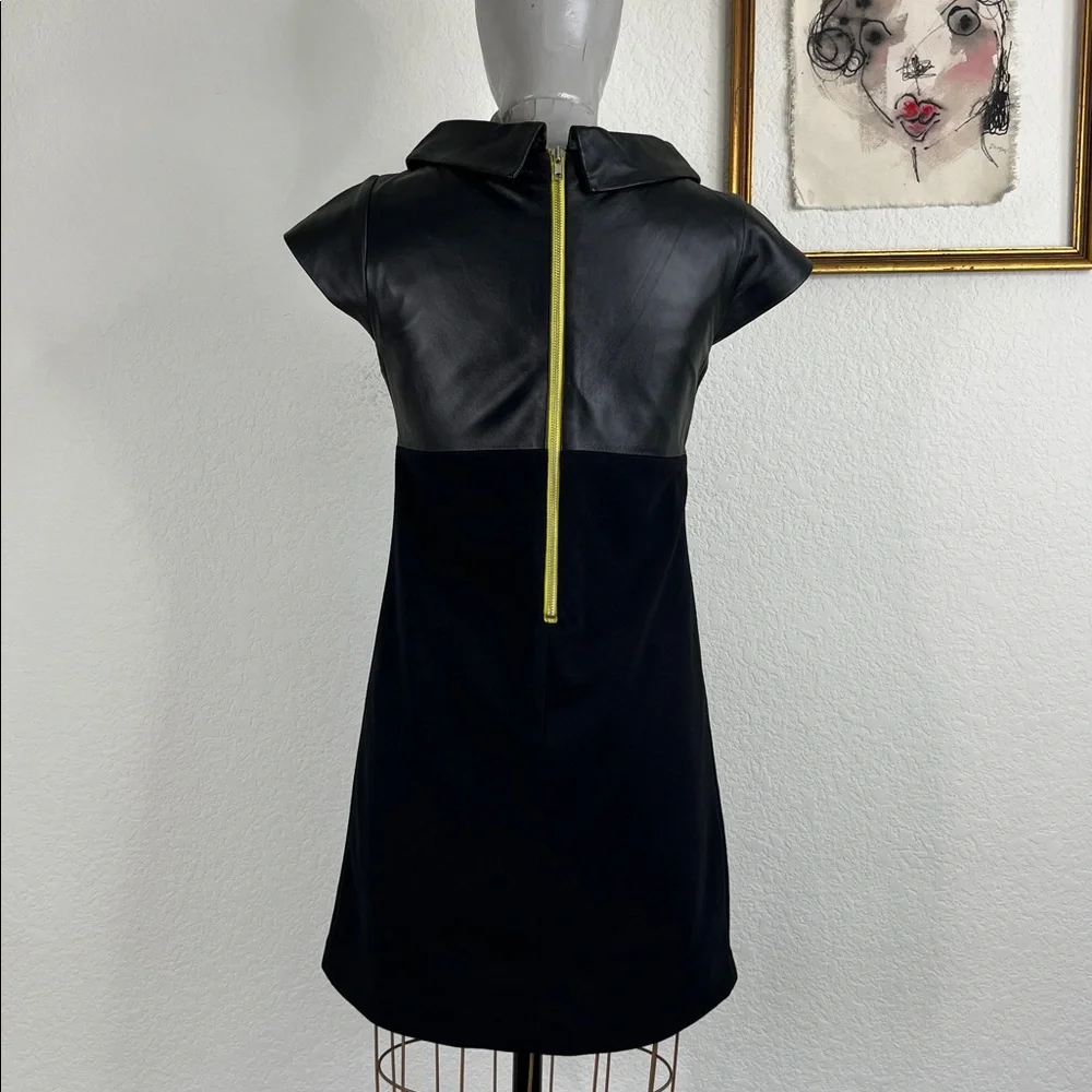 Alice + Olivia Leather Collar Shift Mini Dress Mixed Media A Line - Picture 5 of 9